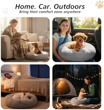 JOLLYVOGUE Calming Dog Beds Large Sized Dog, 36in Donut Washable Large Pet Bed, Anti-Slip & Anti-Anxiety Fluffy Faux Fur Round Dogs Bed, Fits up to 80 lbs Pets (Smoke Grey)
