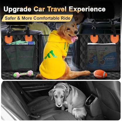 Back Seat Extender for Dogs, Holds 450 lbs, Hard Bottom Waterproof Dog Car Seat Cover with Door Protectors, 600D Heavy Duty Scratch Proof & Nonslip Dog Hammock with Mesh Window for Car, SUVs