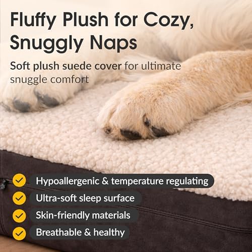 KOPEKS Jumbo Orthopedic Dog Bed - 7-inch Thick Memory Foam Pet Bed with Pillow with Removable Cover & Free Waterproof Liner - for Large Breed Dogs, XL, Brown-Plush Top