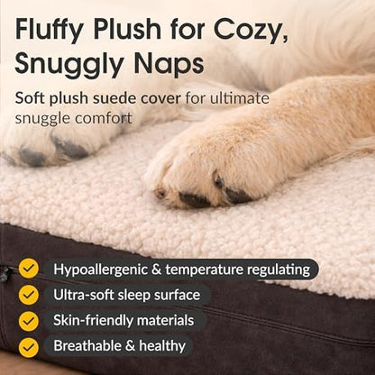 KOPEKS Jumbo Orthopedic Dog Bed - 7-inch Thick Memory Foam Pet Bed with Pillow with Removable Cover & Free Waterproof Liner - for Large Breed Dogs, XL, Brown-Plush Top