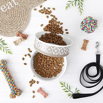 Bone Dry Lattice Collection Pet Bowl & Canister, Large Set, 7.5x2.4 inches, Stone, 2 Piece
