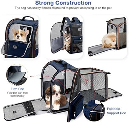 Large Cat Backpack Carrier Expandable Pet Carrier Backpack for Small Dogs Medium Cats Fit Up to 18 Lbs, Dog Backpack Carrier, Foldable Puppy Backpack Carrier for Travel, Hiking,Blue