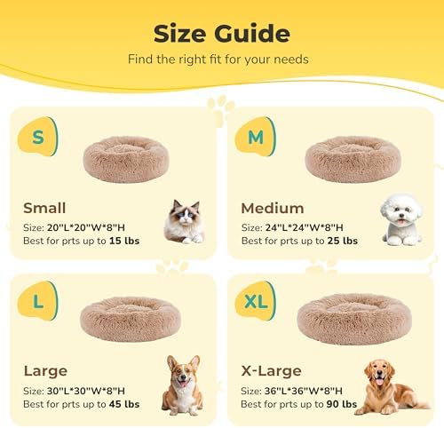Soft Round Dog & Cat Bed, Anti-Anxiety Donut Cuddler with Anti-Slip Bottom Cozy Fluffy Pet Bed for Medium Large Dogs and Cats, 30inch, Brown