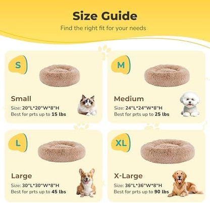 Soft Round Dog & Cat Bed, Anti-Anxiety Donut Cuddler with Anti-Slip Bottom Cozy Fluffy Pet Bed for Medium Large Dogs and Cats, 30inch, Brown