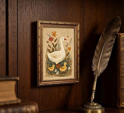 Vintage Gold Framed Goose Wall Art, Retro Floral Farm Animal Oil Painting Canvas Print, Antique Neutral Cottagecore Duck Wall Decor, Rustic Farmhouse Poster Artwork for Nursery Bedroom Living Room