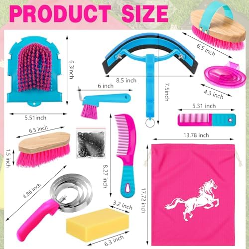 Abbylike 12 Pieces Horse Grooming Kit Equine Care Brushes, Rose Red