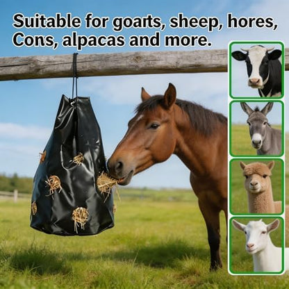 Hay Bag for Horses, Rugged Slow Feed Hay Bags for Goats,Sheep,Donkey,Cows, Alpacas and Ostriches, Premium PVC Waterproof Horse Feeder with 9 Holes,Tear-Resistant, Easy to Fill, Large Opening