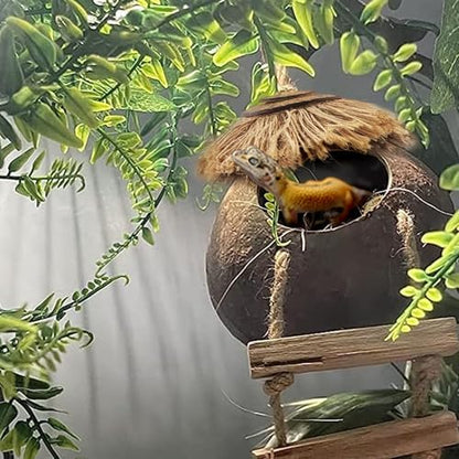 Gecko Tank Accessories,Grested Gecko Coconut Hideout Hut with Ladder Reptile Hanging Plants Climbing Bearded Dragon Hammock Flexible Jungle Vine Leaves Terrarium Decor
