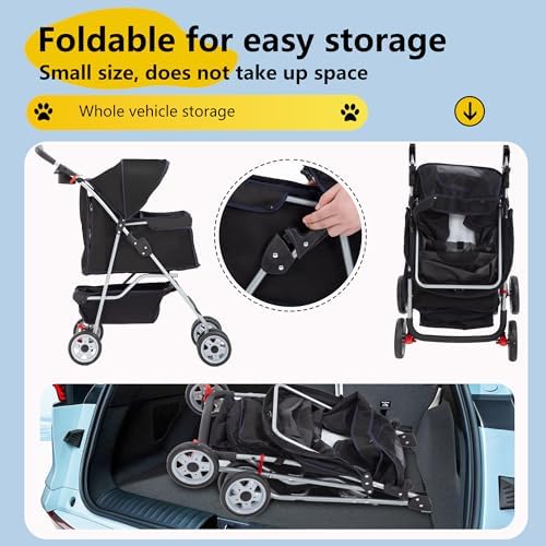 FDW Pet Stroller 4-Wheel Dog Cat Stroller Travel Folding Carrier Puppy Stroller with Cup Holder and Removable Liner for Small Medium Dogs Cats, Black