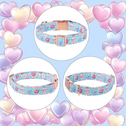 Valentines Dog Collar for Small Dogs - Cute Blue Heart Pattern Puppy Collar Sweet Valentine Adjustable Heavy Duty Pet Collar with Metal Buckle S