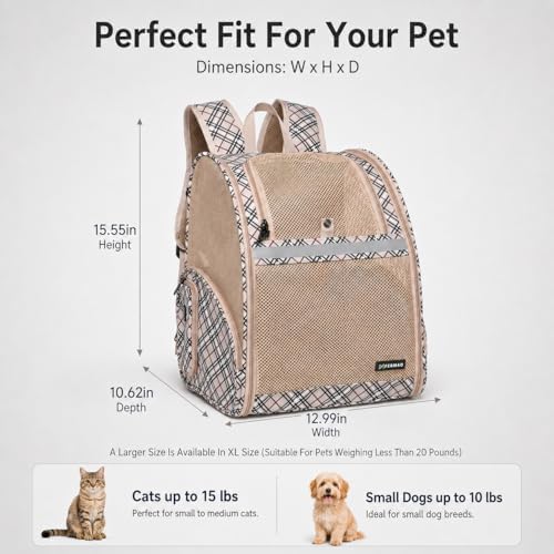 Cat Backpack Carrier for Small Dogs and Medium cat Puppy Kitten Bunny Pet Carrier Backpack Collapsible with Fully Ventilated Mesh with Safety Leash (Khaki, 12.9" L x 10.62" W x 15.5" H - M)