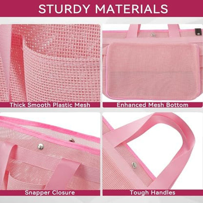 Mesh Horse Grooming Tote Bag Breathable Waterproof, 6 Pockets Horse Grooming Kit Tool Bags, Horse Cleaning Totes for Cleaning Supplies, Pet Grooming Organizer for Horse Cow Cat, Pink&Hot Pink