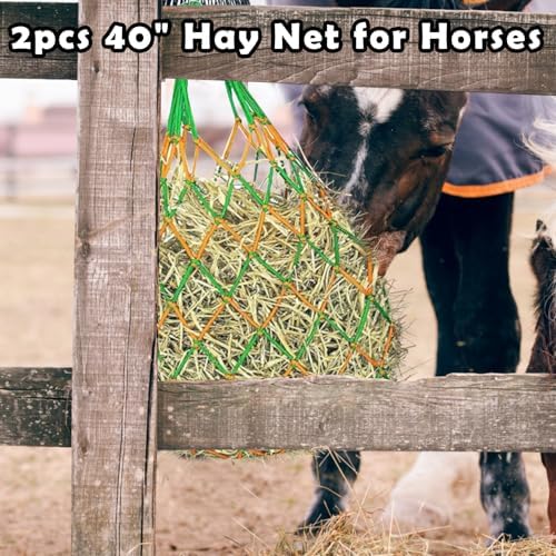 3PCS Hay Net for Horses - Ultra Slow Feed Hay Net with 3 Pairs Gloves, 2.36"x2.36" Holes 40” Horse Slow Feed Hay Nets for Stall, Trailer, Pasture - Heavy-Duty Hanging Feeders (Black+Yellow+Green)