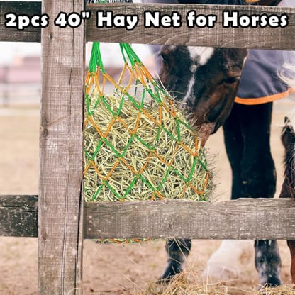3PCS Hay Net for Horses - Ultra Slow Feed Hay Net with 3 Pairs Gloves, 2.36"x2.36" Holes 40” Horse Slow Feed Hay Nets for Stall, Trailer, Pasture - Heavy-Duty Hanging Feeders (Black+Yellow+Green)