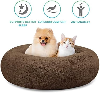 SAVFOX 20 inches Calming Donut Dog Bed - 3X Durable Plush Faux Fur, Machine Washable & Non-Slip, Fits up to 15 lbs, Brown