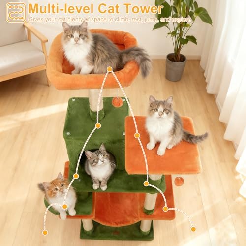 DORTALA Cat Tree for Indoor Cats, 58" Tall Cat Tower with Top Perch, Condo, Hammock, Sisal Scratching Posts, 3 Dangling Balls, Platforms, Multi-level Pet Climbing Furniture Playground (Green & Orange)