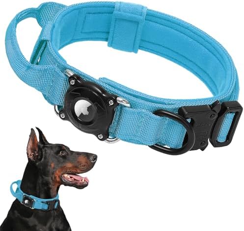 Tactical Airtag Dog Collar Waterproof - Adjustable Nylon Training Collar with Secure Airtag Holder, Control Handle & Quick-Release Buckle for Medium Large Dogs (Blue, XL)