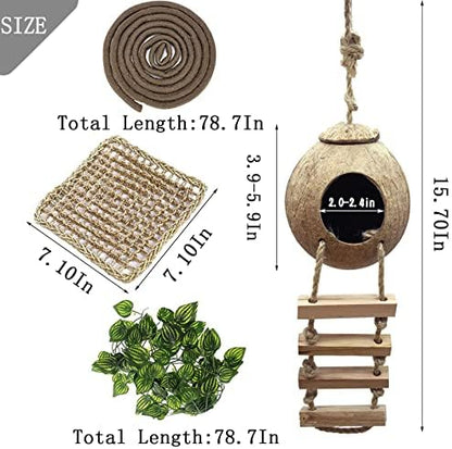 Lizard Coco Den with Ladder,Leopard Gecko Coconut Husk Hut Hideout Home Reptile Hammock Climbing Hanging Plants Decor Habitat Tank Accessories for Bearded Dragon Snake Chameleon