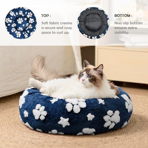 Round Cat Beds for Indoor Cats, Small Donut Dog Beds, Navy Blue, 20"