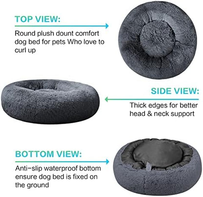 SAVFOX 23 inches Calming Donut Dog Bed - 3X Durable Plush Faux Fur, Machine Washable & Non-Slip, Fits up to 25 lbs, Dark Grey