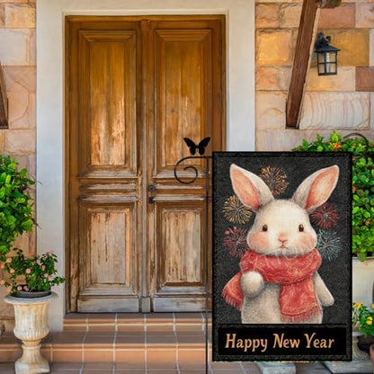Happy New Year Garden Flag 12x18 Double Sided Vertical Linen Small Fireworks Rabbit House Flag Welcome Holiday Winter House Outdoor Outside Decorations (27179)