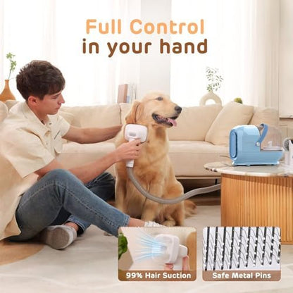 HEAPETS Dog Grooming Vacuum Kit - 3L Vacuum with 7 Tools, Low Noise Electric Clipper and Brush for Pet Shedding at Home, Blue
