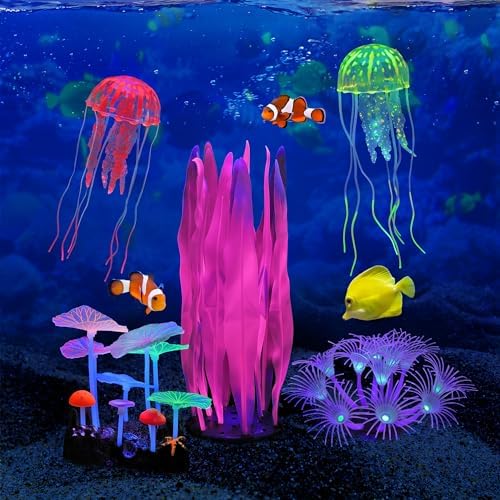 Lpraer 5 Pack Glow Aquarium Decorations Kelp Coral Mushroom Sun Flower Jellyfish Simulation Glow Plant Glowing Effect Silicone for Fish Tank Decorations