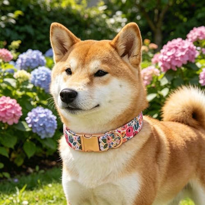 Spring Dog Collar, Blue Floral Print Pet Collars Light Pink Cute Durable Metal Buckle Girl and Boy Dog Collars Adjustable for Small Medium Large Dogs