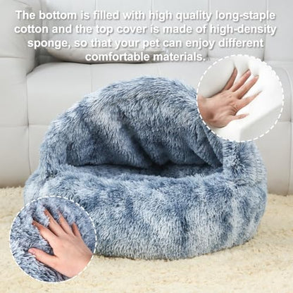 Calming Dog and Cat Cave Bed with Hooded Cover, Faux Fur, Round, Removable Washable, Anti-Slip, for Small Medium Pets (25")