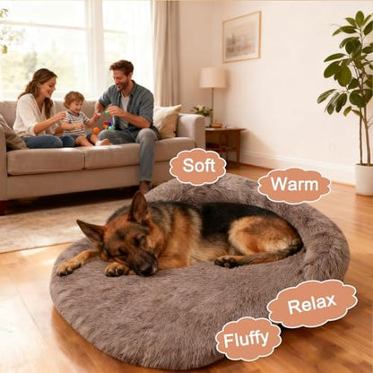 Orthopedic Dog Bed with Egg-Crate Base, Calming Dog Beds Fluffy Plush Faux Fur with Raised Edges, Spine Friendly Pet Sleeping Mat for Medium Large Dogs, Machine Washable (Oval, Brown 40"x30")