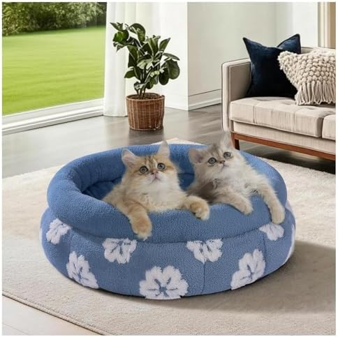 BALANCE Cat Beds for Indoor Cats, Washable Round Cat Bed, Cute 3D Flower Kitten Bed with Anti-Slip Bottom for Puppy and Kitten, 20 Inches, Blue