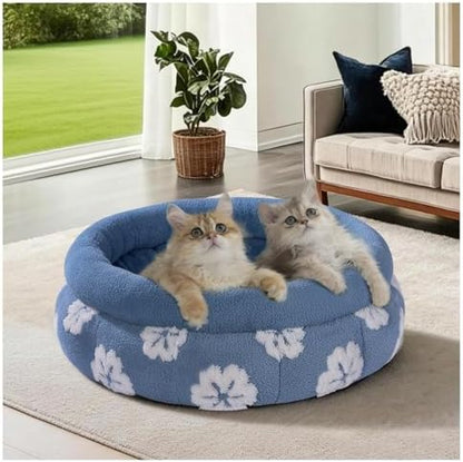 BALANCE Cat Beds for Indoor Cats, Washable Round Cat Bed, Cute 3D Flower Kitten Bed with Anti-Slip Bottom for Puppy and Kitten, 20 Inches, Blue