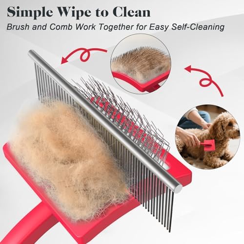 2PCS Slicker Brush for Dogs & Pet Comb,Professional Dog Grooming Brush (Goldendoodles,Poodles,Labradoodles) with Extra Long Pins to Effectively Remove Tangles, Knots and Mats (Red, Large)