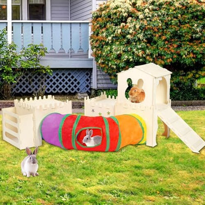 Extra Large Wooden Rabbit Hideout with Tunnels and Hay Feeder - Multistory Bunny Castle with Stairs, Climbing Tower and Sturdy Habitat for Indoor Bunnies, Guinea Pigs, Chinchillas Small Animal