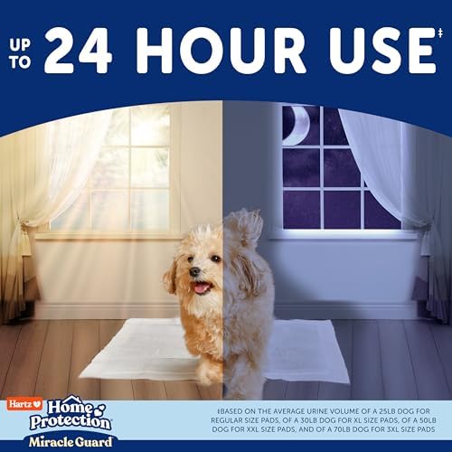 Hartz Miracle Guard Dog and Puppy Dog Pads Max Absorbency 24 Hour Use Odor Eliminating No Leaks, Regular Size 25 Count