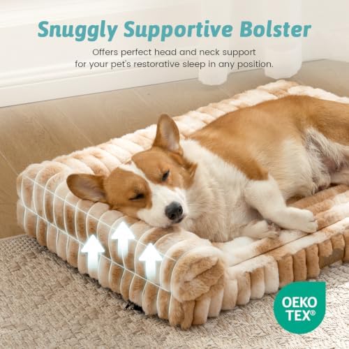 COZY KISS Ultra Soft Faux Rabbit Fur Dog Bed for Medium Dogs – 36"x27" Orthopedic Foam Couch, Removable Washable Cover & Waterproof Lining, Tie-Dye Brown