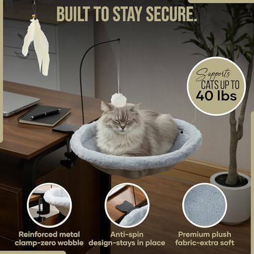Cat Desk Bed for Home Office – Sunken Clamp-On Cat Hammock Holds 40 lbs | Fits Desks 0.8-2.4", 14" Washable Nest, Non-Slip Heavy-Duty Mount, Space-Saving Cat Perch for Remote Workers