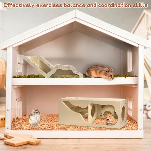 Hamster Hideout & Tunnel Set, 2Pcs Wooden House with Climbing Ladder, Exploration Tubes & Observation Shed for Syrian Hamsters, Dwarf Hamsters, Mice, Gerbils, Rats, and Other Small Animals