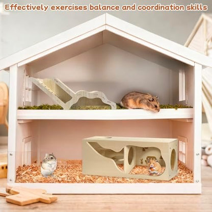 Hamster Hideout & Tunnel Set, 2Pcs Wooden House with Climbing Ladder, Exploration Tubes & Observation Shed for Syrian Hamsters, Dwarf Hamsters, Mice, Gerbils, Rats, and Other Small Animals