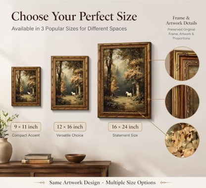 Vintage Gold Framed Horse Wall Art, Magical Forest Landscape Oil Painting Canvas Print, Moody Animal Wall Decor, Fantasy Woodland Picture Poster, Rustic Farmhouse Artwork for Bedroom Living Room
