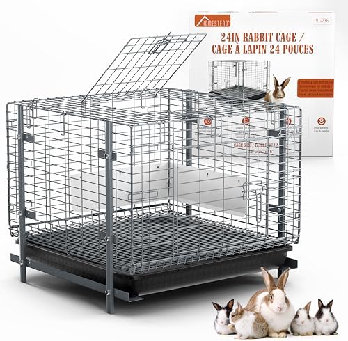 HOMESTEAD Rabbit Cage with Pull-Out Tray – 24 Inch Bunny Cage, Metal Rabbit Breeding Cage, Dual Access Doors, Waterproof Bottom & Urine Guard