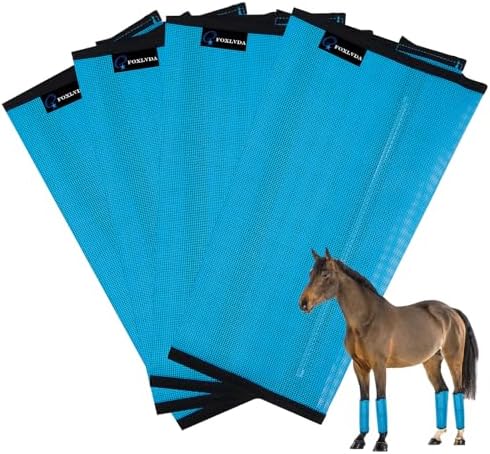FOXLVDA Horse Fly Boots - Fly Boots for Horses Set of 4, Comfortable Breathable Mesh Equine Leg Leggings, Adjustable & UV Protective with Support Bars for Reduce Stomping & Leg Fatigue (Blue, Large)