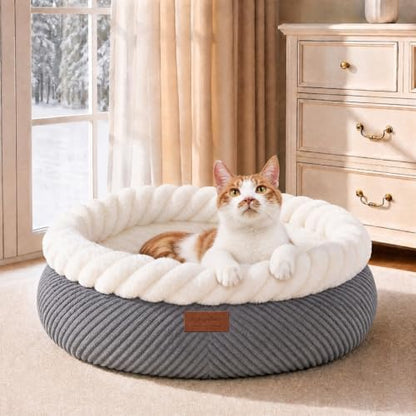 FUKUMARU Cute Round Cat Bed, Calming Donut Small Dog Beds, Washable