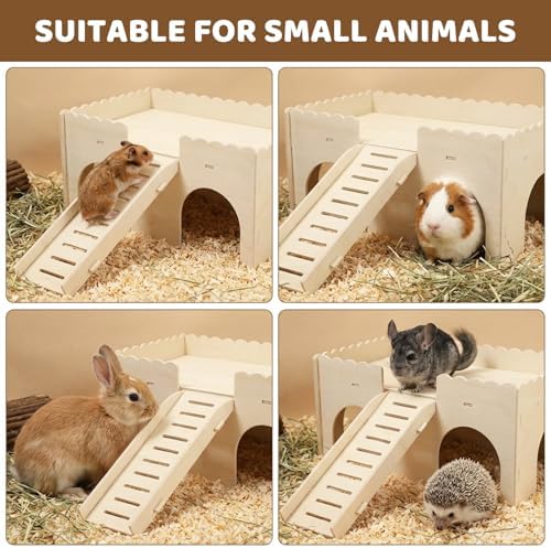 Wooden Hamster Hideout, Upgraded Guinea Pig Castle with Ramp, Multi Hole Guinea Pig Maze House for Hamster, Gerbil and Hedgehog Rat Small Animals