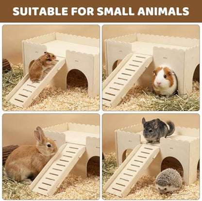 Wooden Hamster Hideout, Upgraded Guinea Pig Castle with Ramp, Multi Hole Guinea Pig Maze House for Hamster, Gerbil and Hedgehog Rat Small Animals