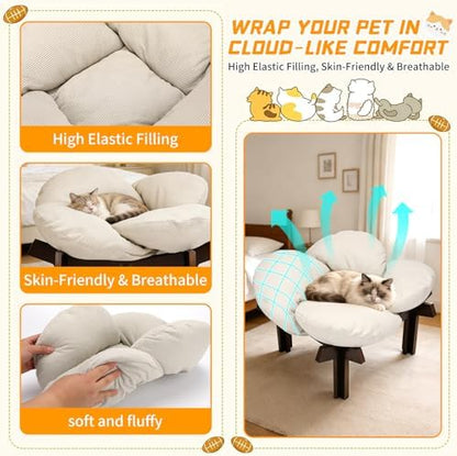 Elevated Wooden Cat Bed with Fluffy Cushion Raised Lounge Sofa
