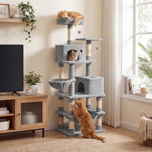 DORTALA Cat Tree for Indoor Cats, 66" Tall Cat Tower with 2 Condos, Sisal Scratching Posts, Plush Perch, Hammock, Dangling Balls, Multi-Level Pet Climbing Furniture Activity Center (Light Gray)