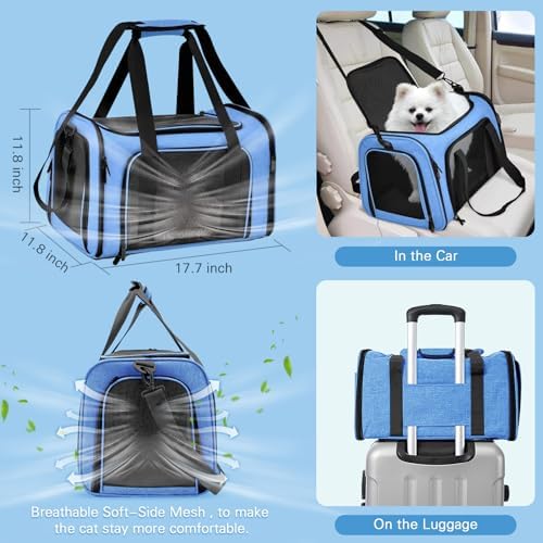 Cat Carrier Soft-Sided & Foldable Travel Litter Box for Cats, Fit 20Lbs Pets, 17.7' * 11.8 * 11.8 inches Cat Bag for Traveling & Camping, Indoor & Outdoor, Pet Carrier Kit, Blue