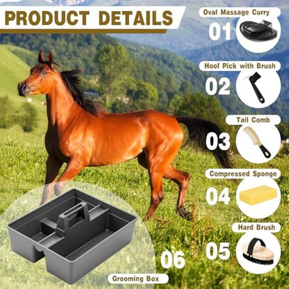 Abbylike Horse Grooming Kit with Tote Bag, 6-Piece Horse Care Set with Brush, Comb & Hoof Pick, Portable Grooming Supplies Organizer(Gray)
