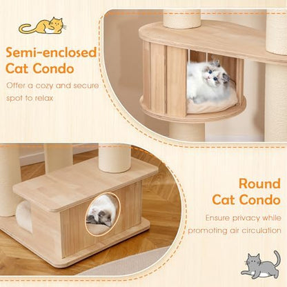 PETSITE 69 Inch Tall Wood Cat Tree, Multi-Level Modern Cat Tower with 5.7 inch Scratching Posts, Double Cat Condos, Space Capsule, Hammock, Large Wooden Cat Tree Tower for Indoor Cats, Natural